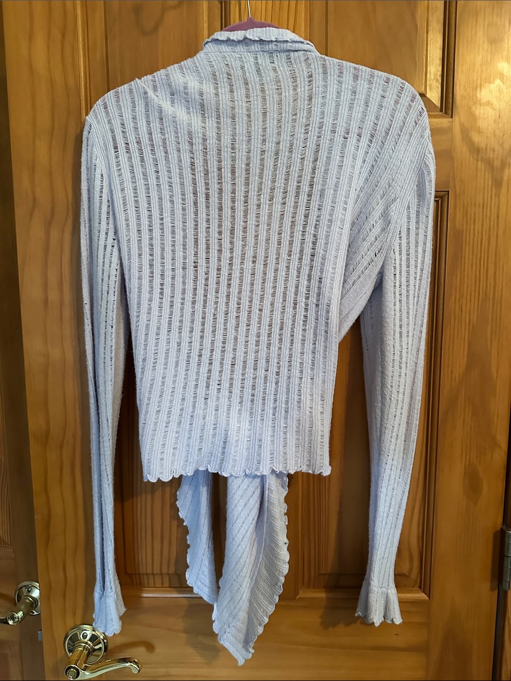 Express Light lilac Open-Front Ribbed Cardigan with Ruffle Trim - Picture 8 of 9